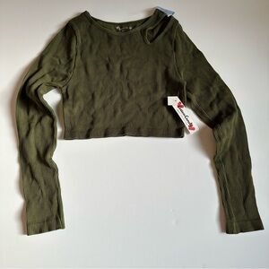 Cotton Candy Womens M/L Olive Green Ribbed Crop Top Long Sleeve Stretchy NWT